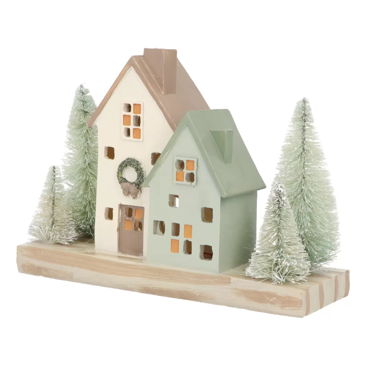 Shop It's all about Christmas Huisjes Met Bomen | Met Led | Groen-crème | 21cm