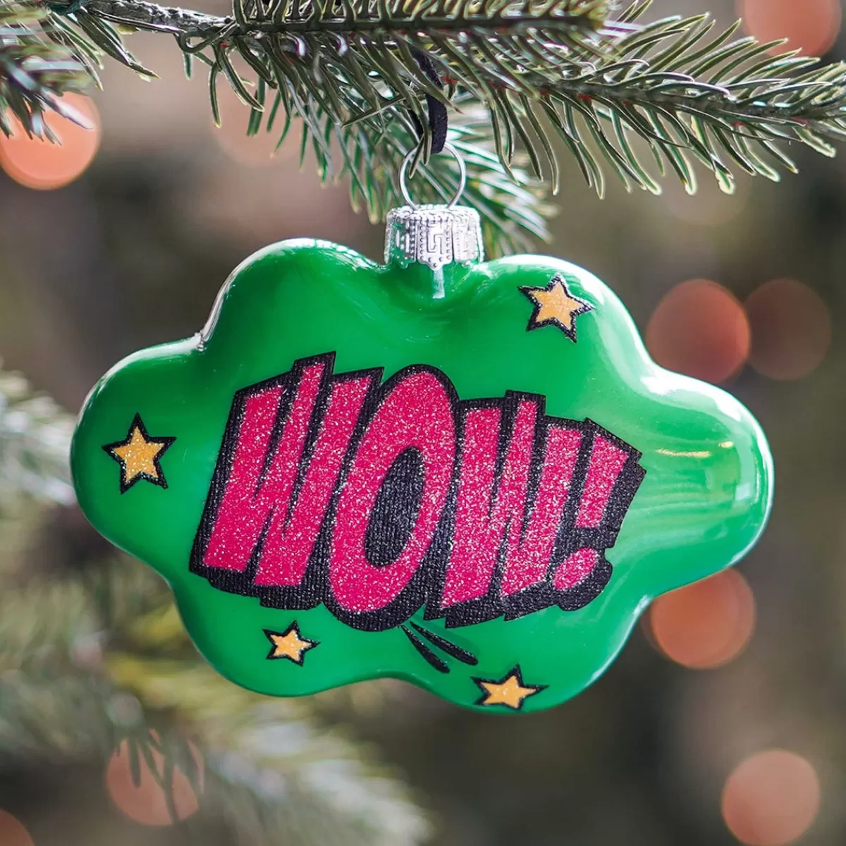 New It's all about Christmas Kersthanger Pop-art Wolk Met Text Wow! | Glas | Groen-roze | 11cm