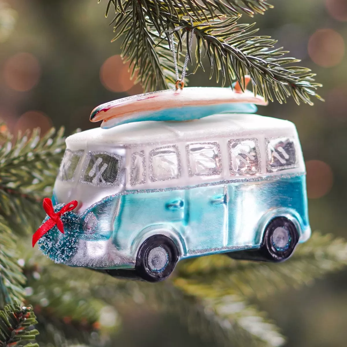 Online It's all about Christmas Kersthanger Retro Busje | Glas | Blauw | 12cm