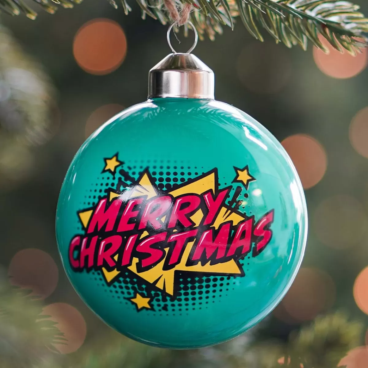 Hot It's all about Christmas Pop-art Kerstbal "Merry Christmas" | Glas | Teal | 8 Cm