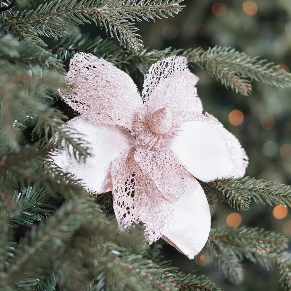 Clearance It's all about Christmas Roze Magnolia Steekbloem Met Glitters En Organza